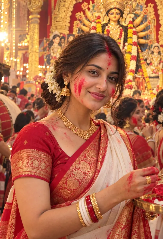 Durga Puja Sindoor Khela Bengali Saree Look (ChatGPT Photo Prompt)