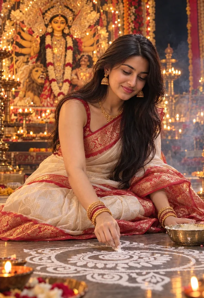 Durga Puja AI Photo Prompt for Girls (Alpona + Bengali Saree)