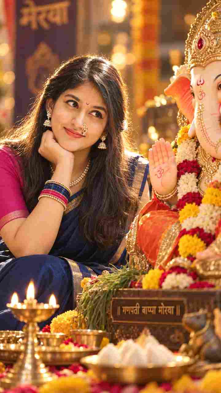 Ganesh Chaturthi AI Photo Prompts — 5+ Free Ganpati Bappa Looks 2026 – 2. Ganpati Bappa Saree Look for Girls