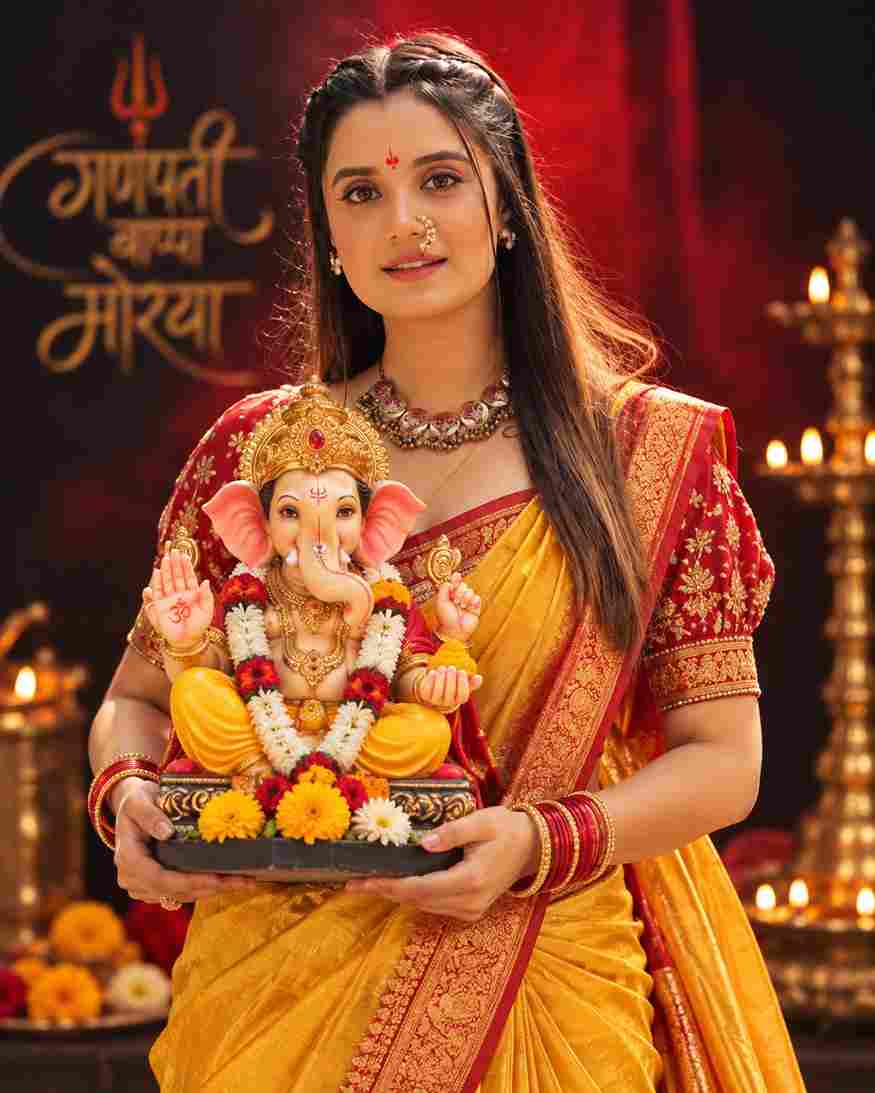 Ganesh Chaturthi AI Photo Prompts — 5+ Free Ganpati Bappa Looks 2026 – 4. Ganpati Bappa Studio Portrait for Girls — Yellow Nauvari Saree