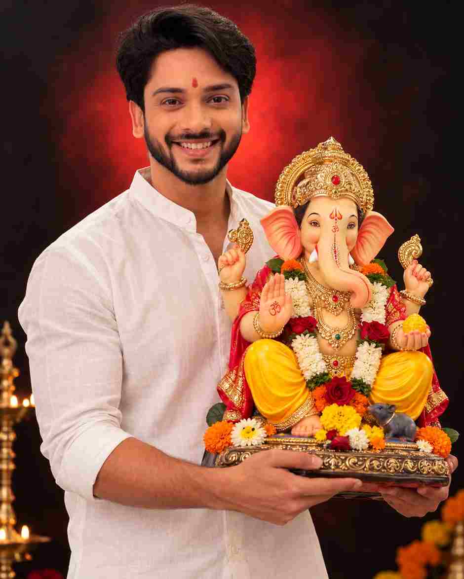 Ganesh Chaturthi AI Photo Prompts — 5+ Free Ganpati Bappa Looks 2026 – 5. Ganpati Bappa Studio Portrait for Boys — White Shirt