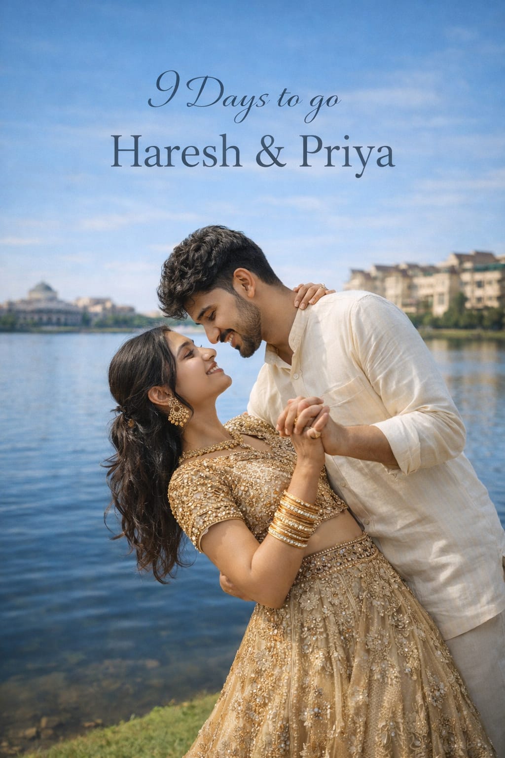 Pre Wedding Photography Prompts For ChatGPT | Create Realistic Pre-wedding Photos – Lakeside Gold Lehenga Prompt
