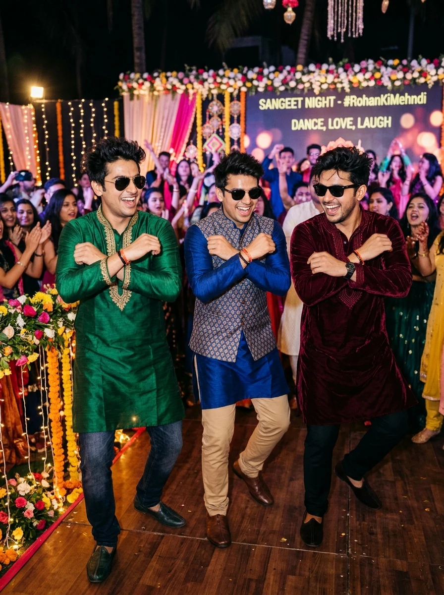 Open Gangnam Style Trend Prompt for Google Flow (3-Person Dance) – Variation 1: Indian Wedding Sangeet Night Gangnam Style