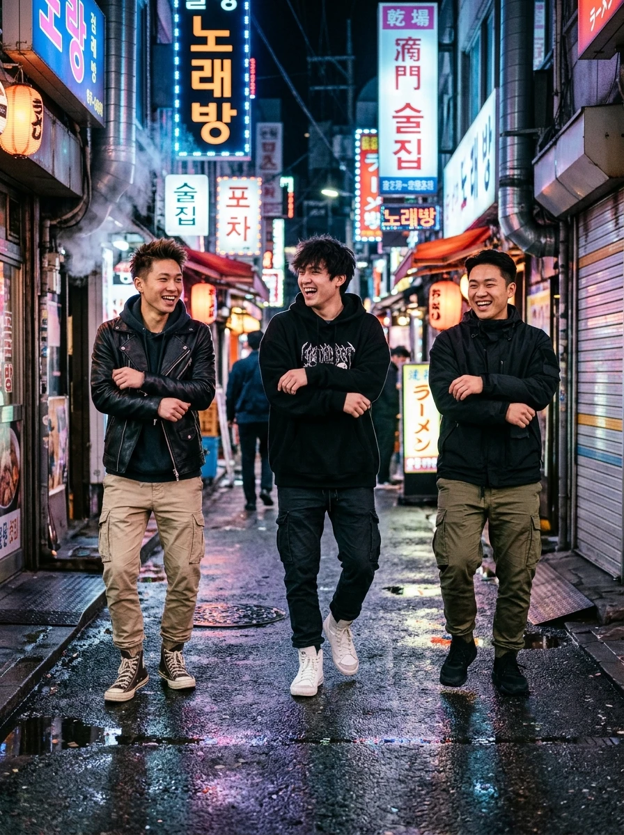 Open Gangnam Style Trend Prompt for Google Flow (3-Person Dance) – Variation 2: Boys Urban Streetwear Cyberpunk Gangnam Style