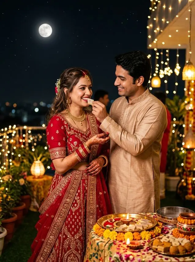 8. Sweet Feeding First Bite AI Prompt – Karwa Chauth Couple AI Photo Prompts: 10 Moonlit Romantic Looks AI result
