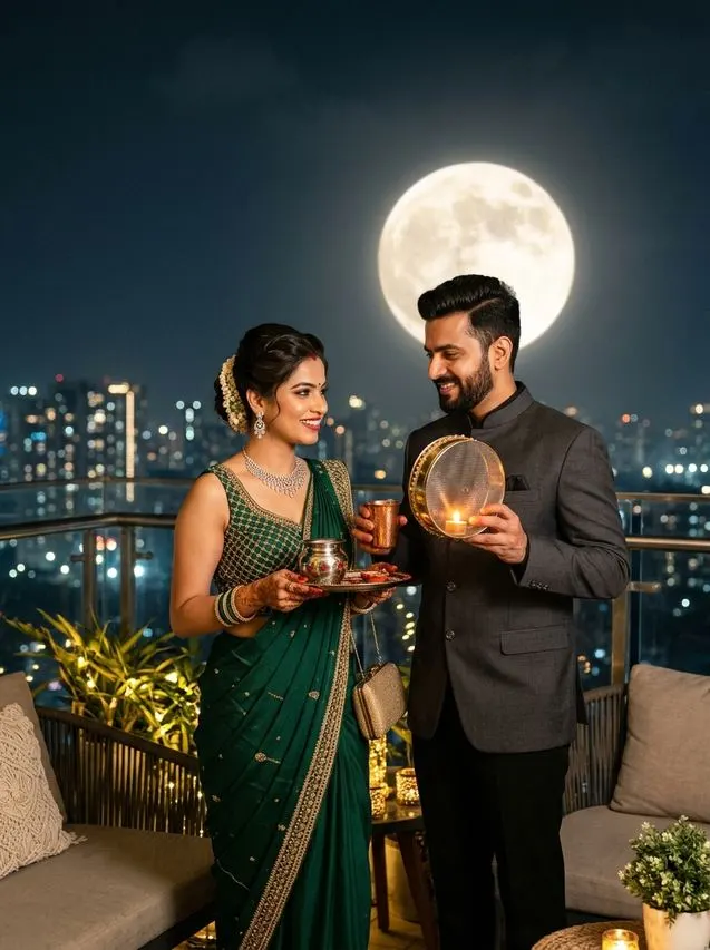 5. Modern Luxury Penthouse Skyline AI Prompt – Karwa Chauth Couple AI Photo Prompts: 10 Moonlit Romantic Looks AI result