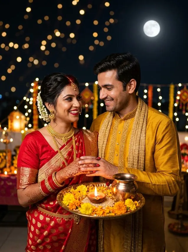 3. Joint Aarti Thali & Diya Flame Duet AI Prompt – Karwa Chauth Couple AI Photo Prompts: 10 Moonlit Romantic Looks AI result