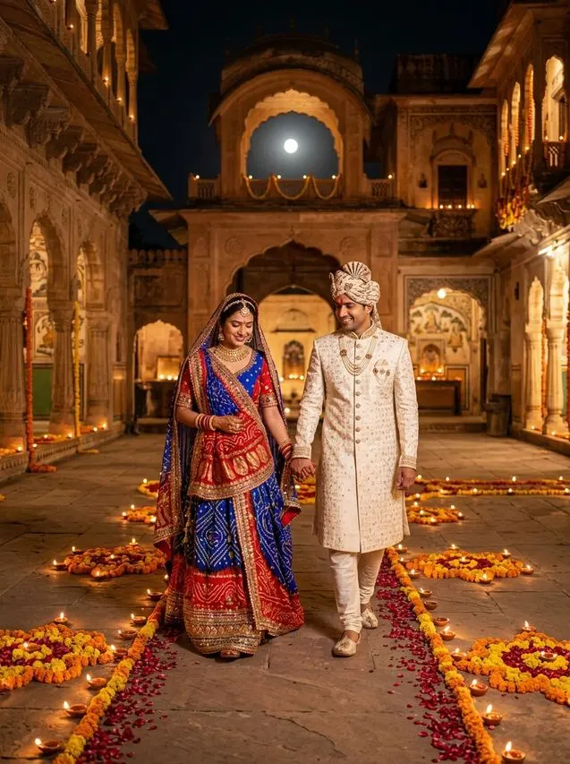6. Royal Rajasthani Courtyard Diya Walk AI Prompt – Karwa Chauth Couple AI Photo Prompts: 10 Moonlit Romantic Looks AI result