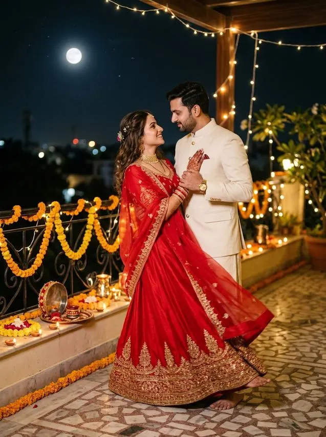9. Moonlit Rooftop Slow Dance AI Prompt – Karwa Chauth Couple AI Photo Prompts: 10 Moonlit Romantic Looks AI result