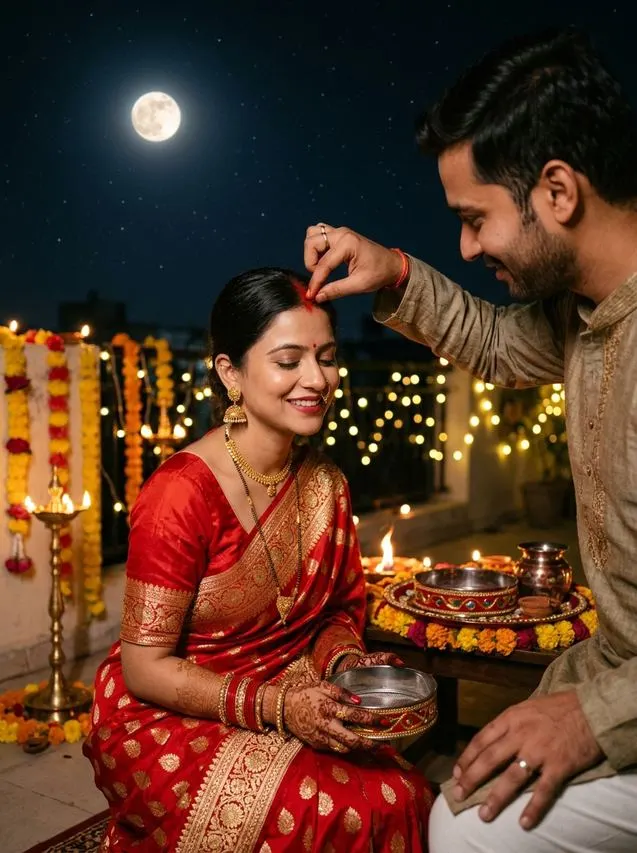 7. Sacred Sindoor & Forehead Blessing AI Prompt – Karwa Chauth Couple AI Photo Prompts: 10 Moonlit Romantic Looks AI result