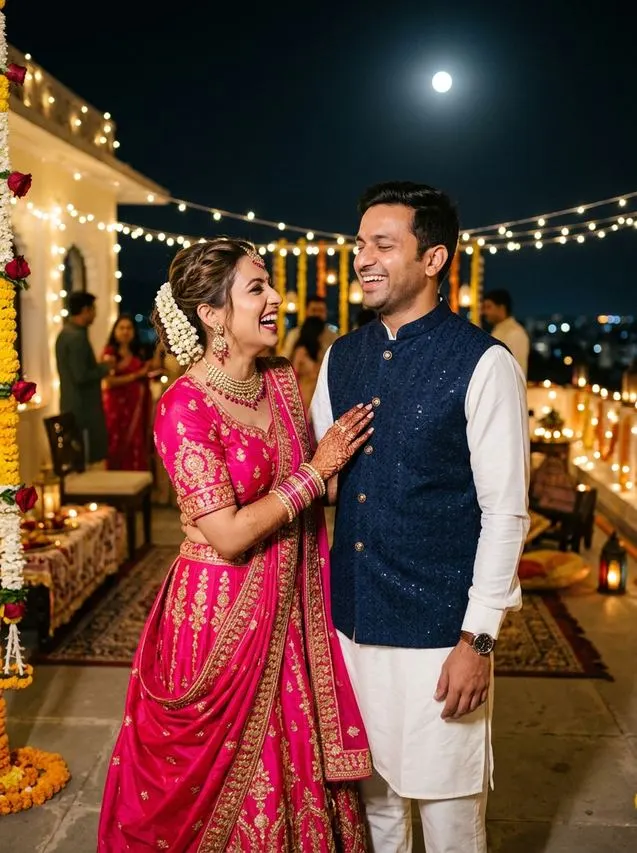 4. Playful Candid Laugh on Rooftop Terrace AI Prompt – Karwa Chauth Couple AI Photo Prompts: 10 Moonlit Romantic Looks AI result