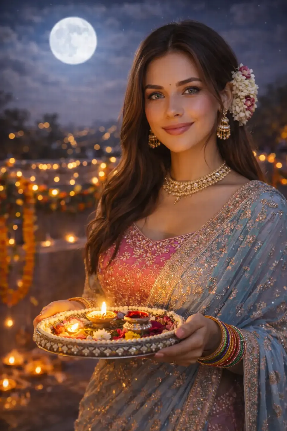 Sky Blue Lehenga – Non-Red Festival Look ( Prompt 6 ) – 20 Karva Chauth AI Photo Editing Prompts (2026) for Couples & Solo AI result