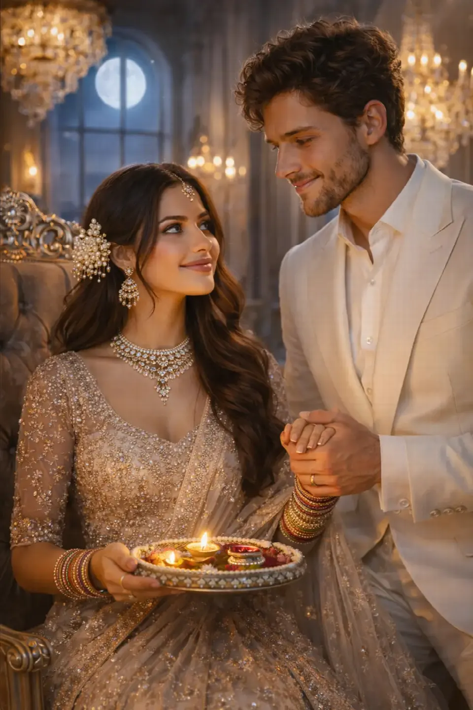 Palace Interior – Modern Editorial Regal Couple ( Prompt 7 ) – 20 Karva Chauth AI Photo Editing Prompts (2026) for Couples & Solo AI result