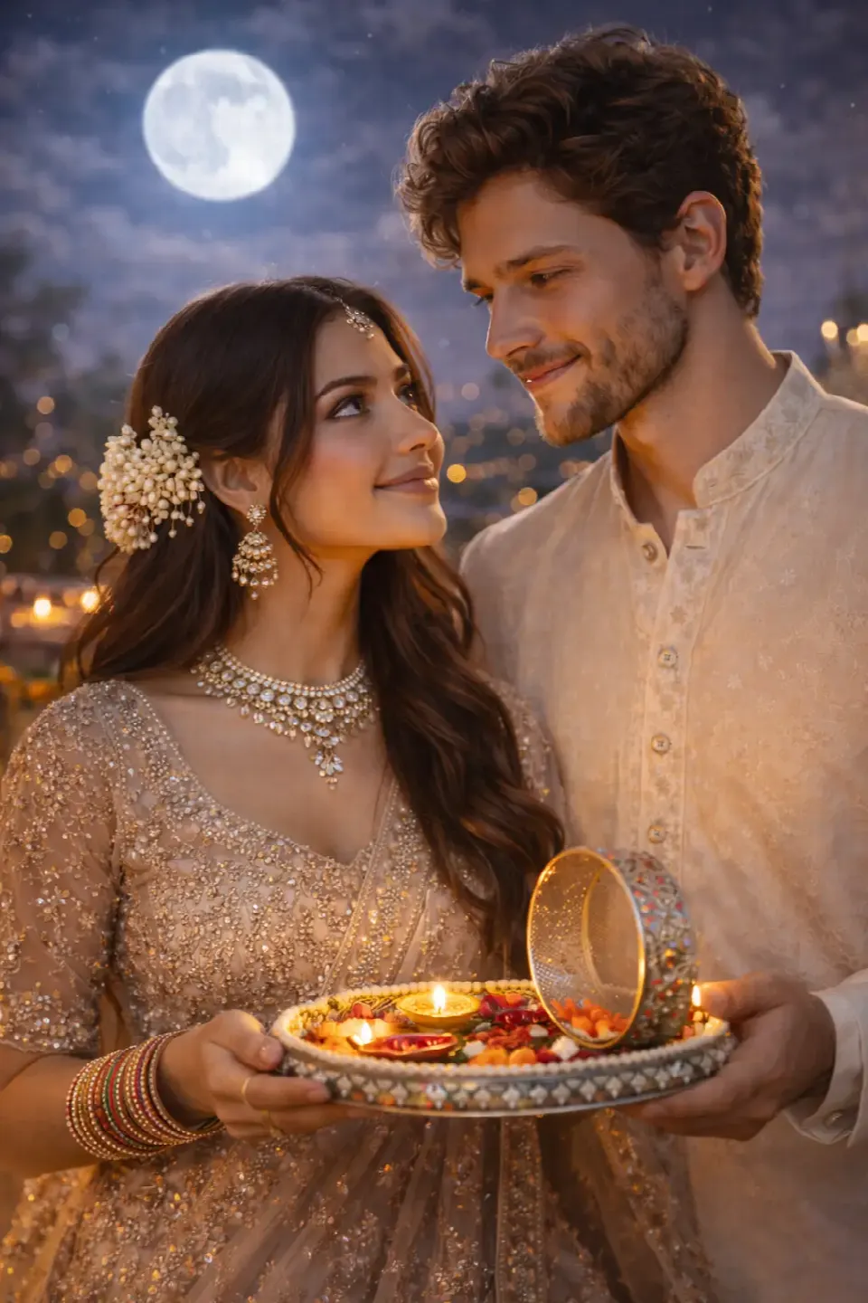 Pastel Champagne Lehenga – Soft Romantic Couple ( Prompt 8 ) – 20 Karva Chauth AI Photo Editing Prompts (2026) for Couples & Solo AI result