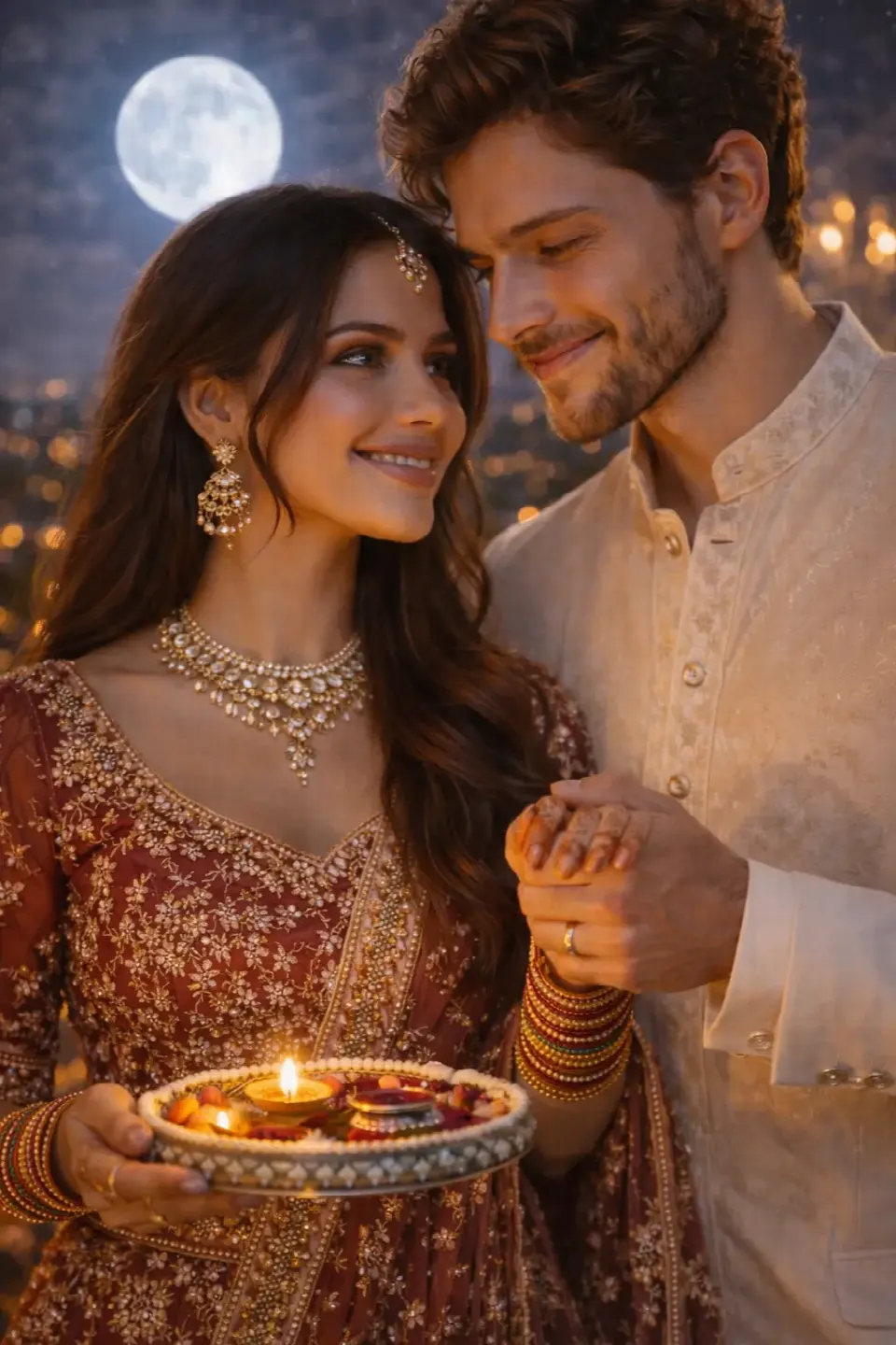 4K Couple Moon Ritual – Henna & Devotion ( Prompt 10 ) – 20 Karva Chauth AI Photo Editing Prompts (2026) for Couples & Solo AI result