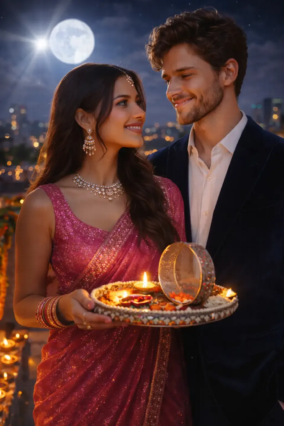 Bollywood Fairy Lights – Dramatic Couple Portrait ( Prompt 5 ) – 20 Karva Chauth AI Photo Editing Prompts (2026) for Couples & Solo AI result