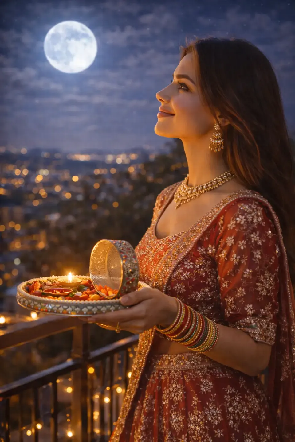 Balcony Moon Gaze – Traditional Red Lehenga ( Prompt 9 ) – 20 Karva Chauth AI Photo Editing Prompts (2026) for Couples & Solo AI result